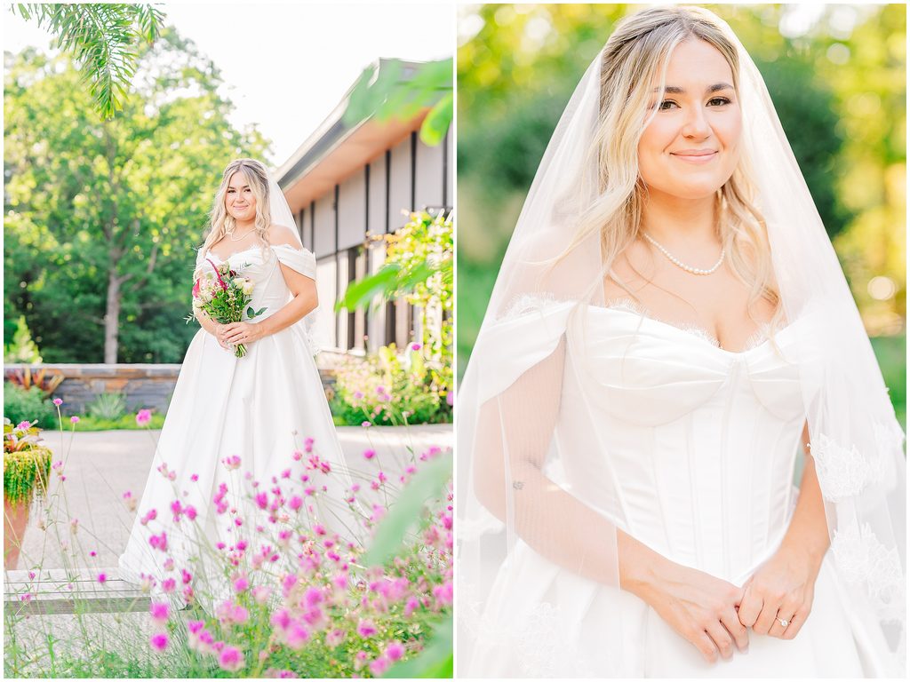 Glowing bridal portraits in purple flowers