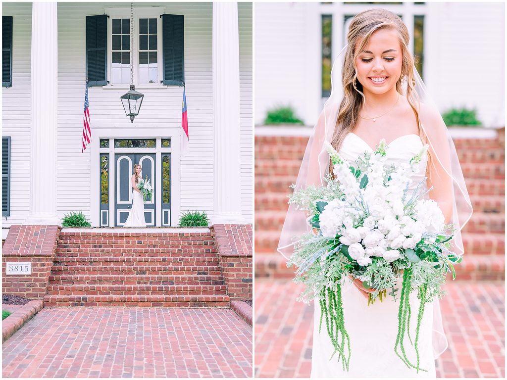 A bridal portrait on brick steps holding a white wedding bouquet 