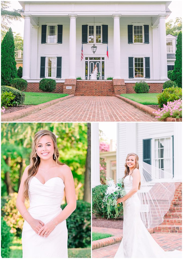 A bridal portrait on a classic southern manor home in Nashville North Carolina holding a white wedding bouquet 