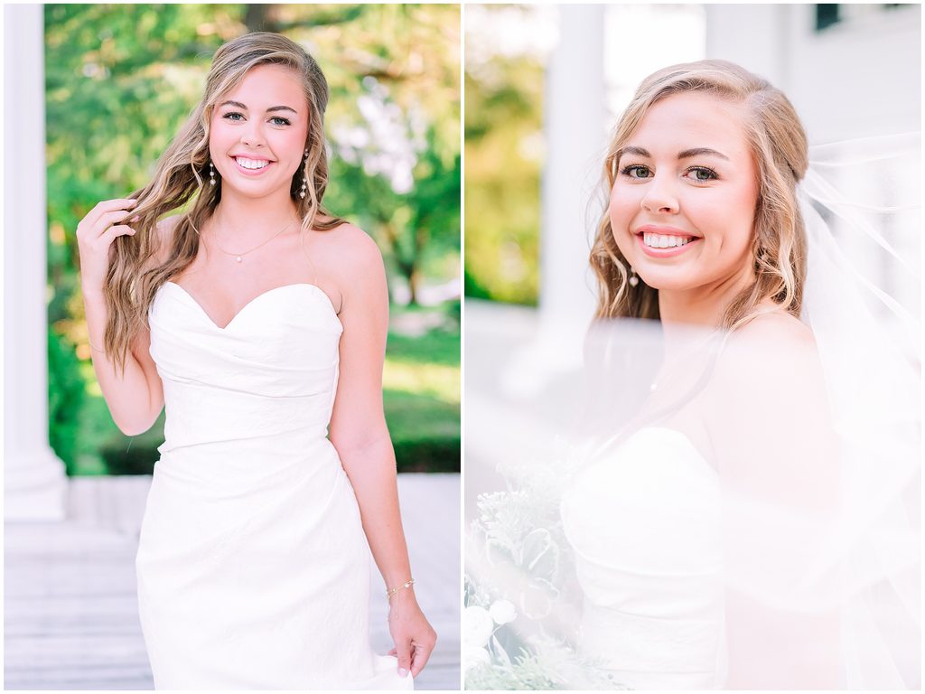 A Rose Hill Estate bridal portrait on a classic southern manor home in Nashville North Carolina holding a white wedding bouquet by JoLynn Photography