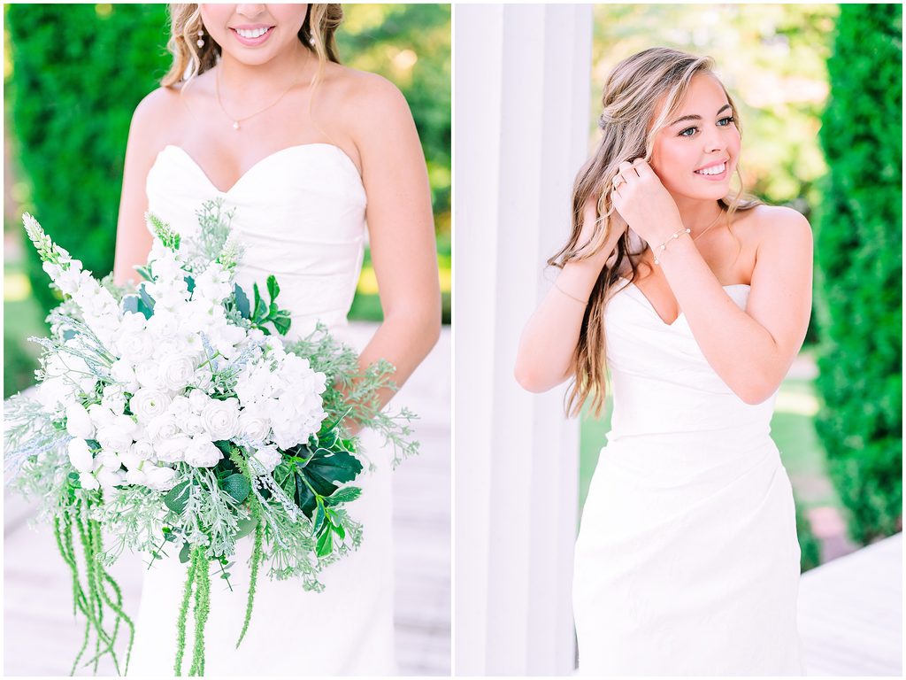A glowing blonde bride at sunset overlooking the countryside during her summer Rose Hill Estate bridal portrait session by JoLynn Photography