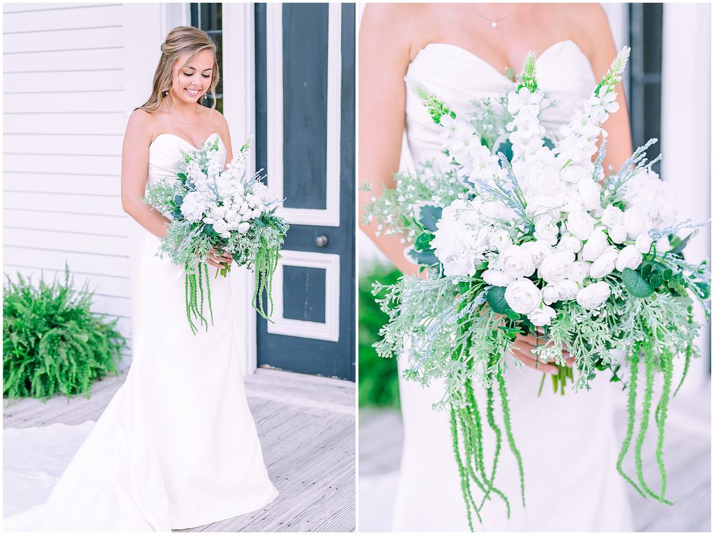 A Rose Hill Estate bridal portrait on a classic southern manor home in Nashville North Carolina holding a white wedding bouquet by JoLynn Photography