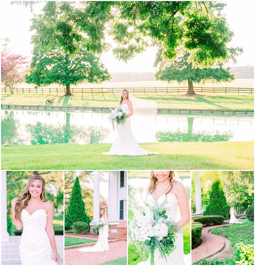 A glowing blonde bride at sunset overlooking the water during her summer Rose Hill Estate bridal portrait session by JoLynn Photography